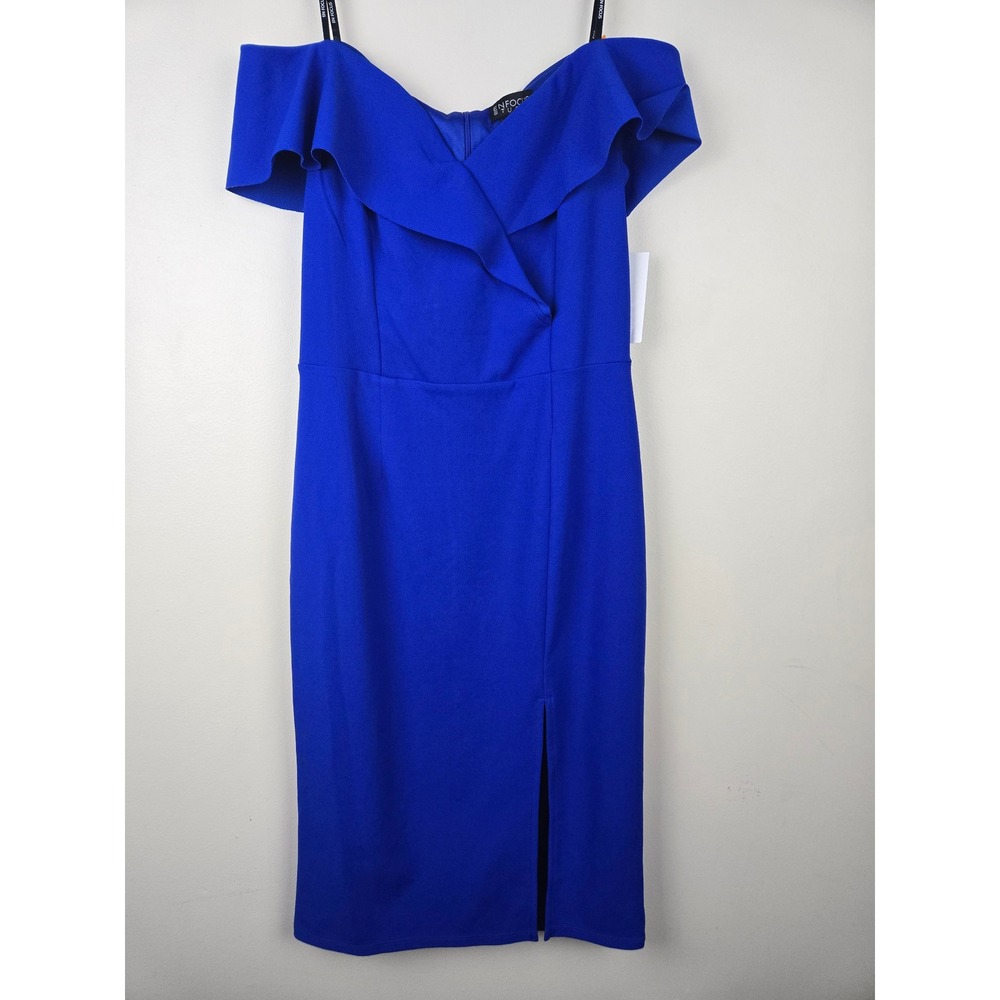 Enfocus Studio Womens Neon Royal Blue Off Shoulder Ruffle Midi Slit Dress 8 NEW